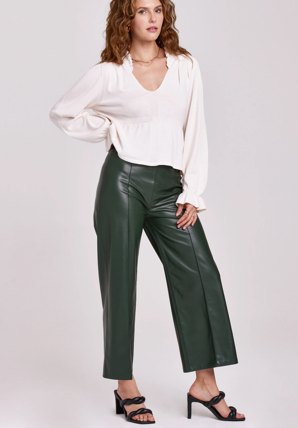 Sparkle Wide Leg Cropped Vegan Leather Pants in Forest