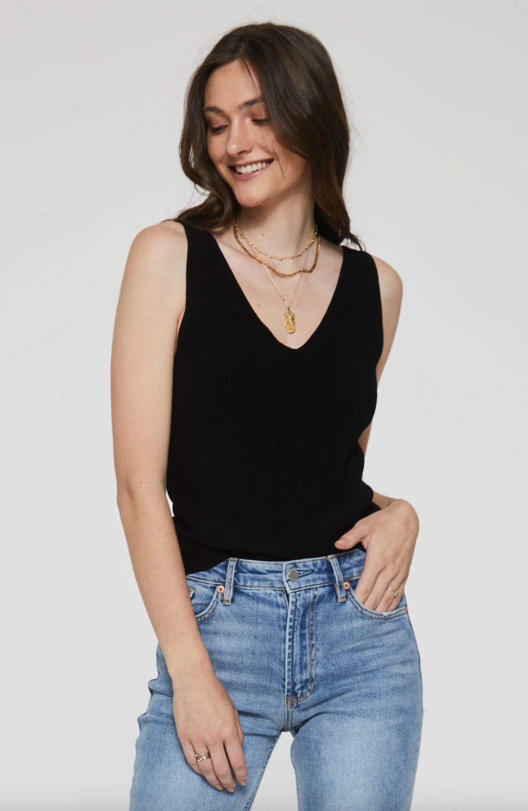 Noa V-Neck Sweater Tank in Black