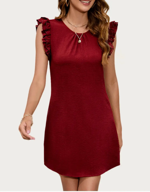 Round Neck Sleeveless Ruffled Mini Dress in Maroon