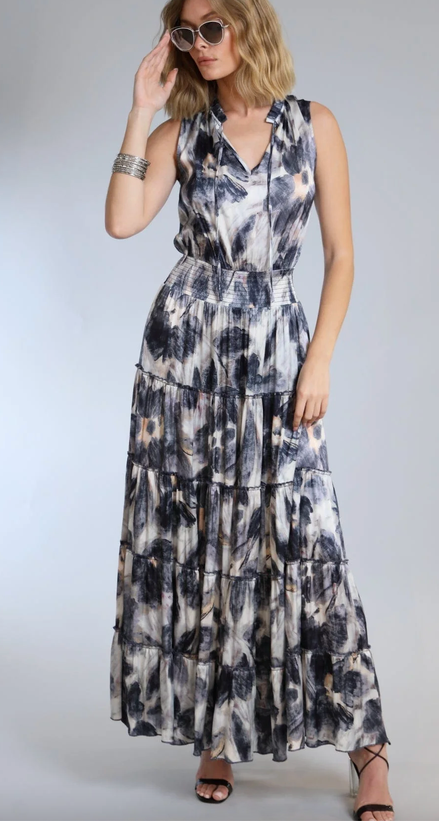 Denim Flower Tiered Maxi