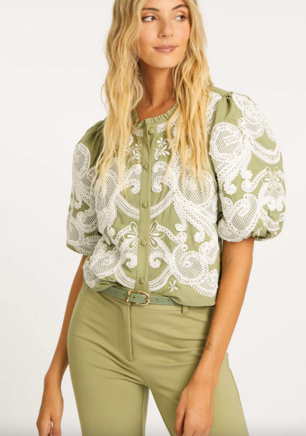 Lucia Sage Embroidery Top