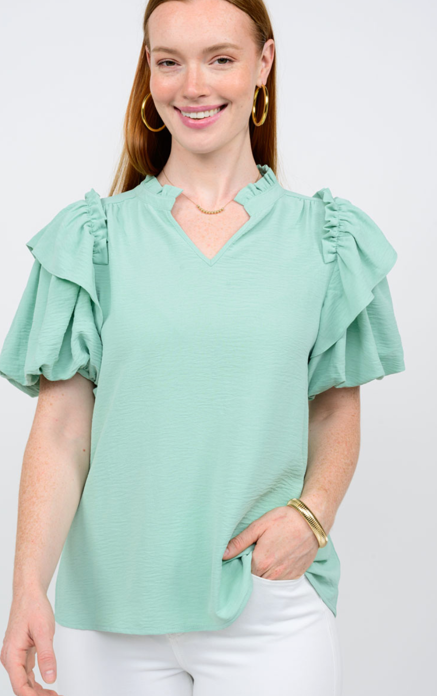 Ruffle Collar Top Bubble Sleeve-Mint