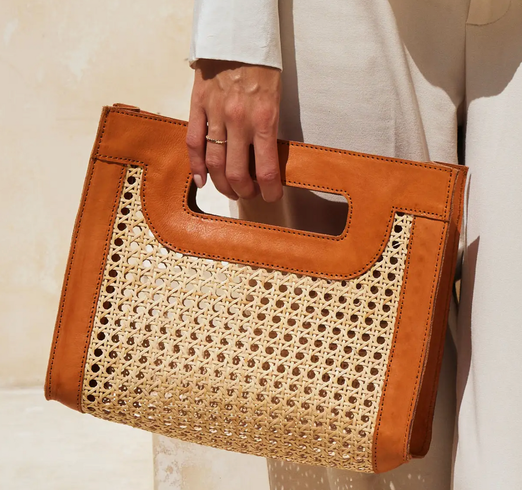 Rattan Cane Weave Handbag with Brown Leather Trim