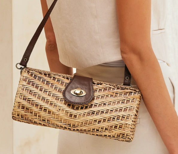 Rattan Convertable Clutch with Removable Leather Strap