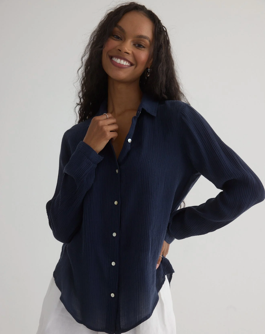 Clean Front Button Down in Italian Navy