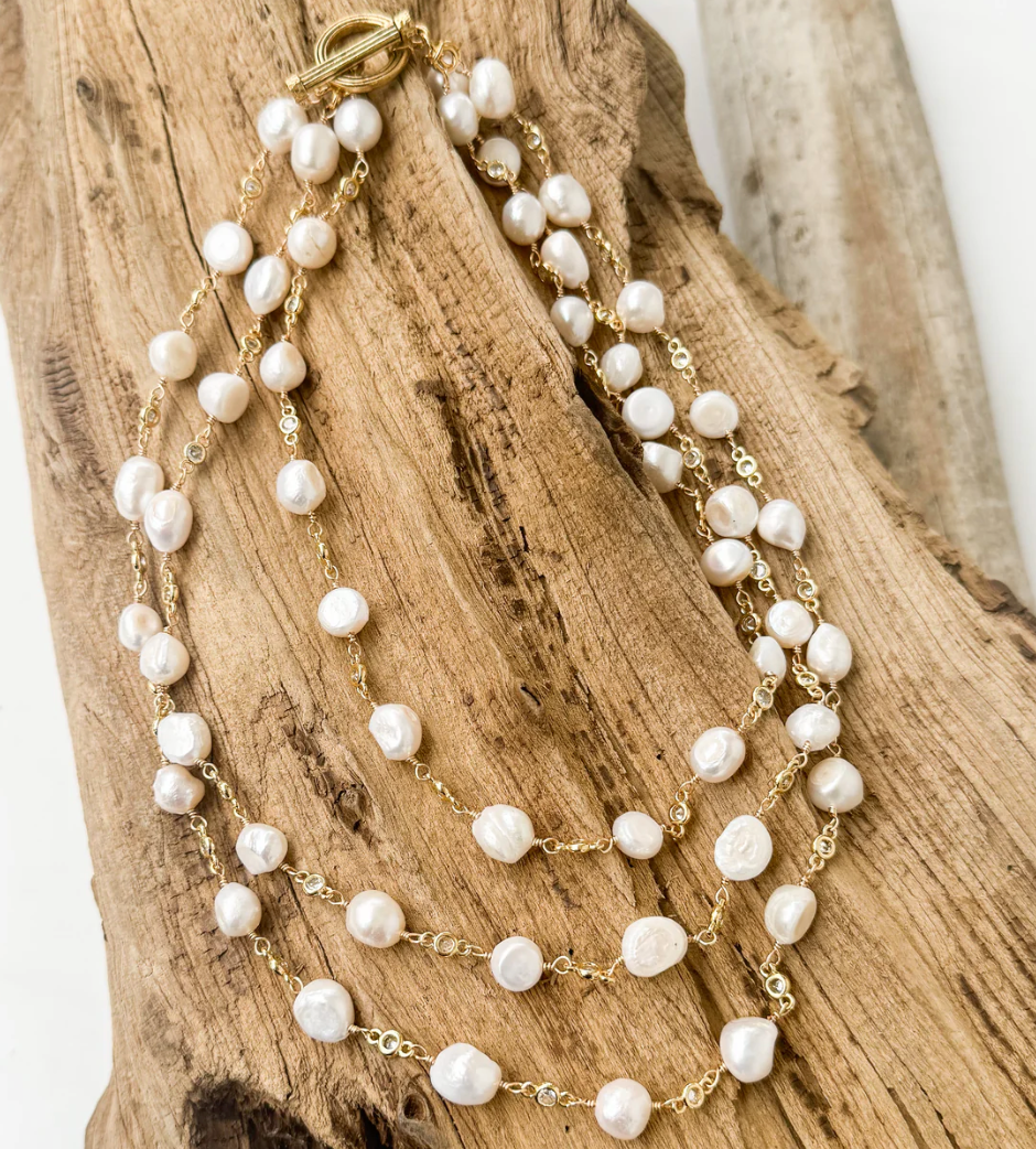 Pearl Bezel Rosary Triple Layer Statement Necklace