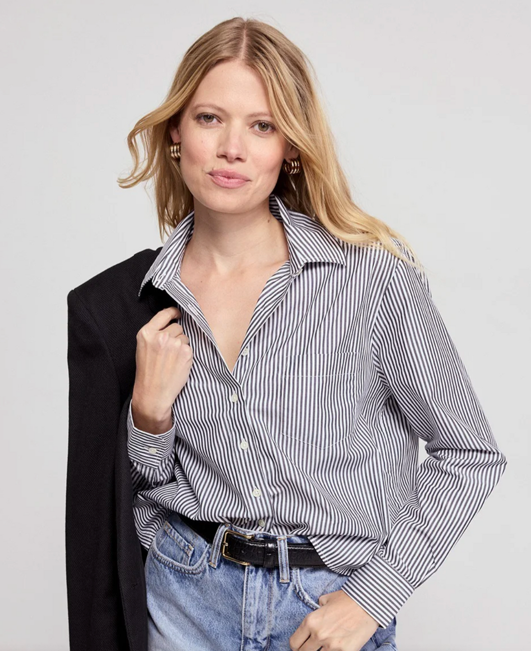 Long Sleeve Boxy Crop in Black & White Stripe