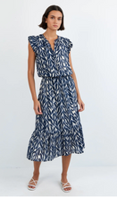 Load image into Gallery viewer, Ruffle Midi Dress in Navy Leaves

