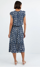 Load image into Gallery viewer, Ruffle Midi Dress in Navy Leaves
