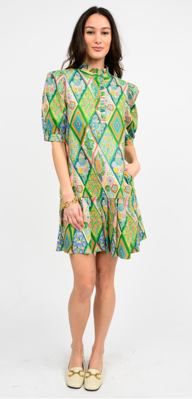 Pleated Hem Dress in Green Print