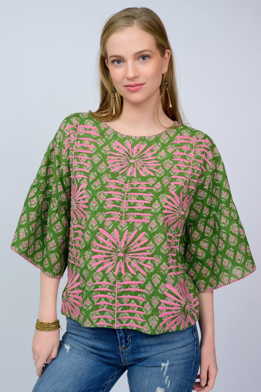Elena Top in Green & Pink