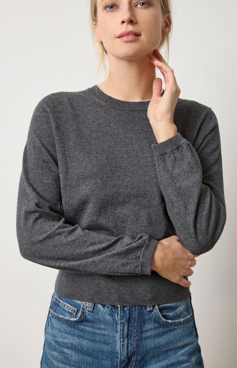 Shirred Sleeve Crewneck Sweater in Licorice