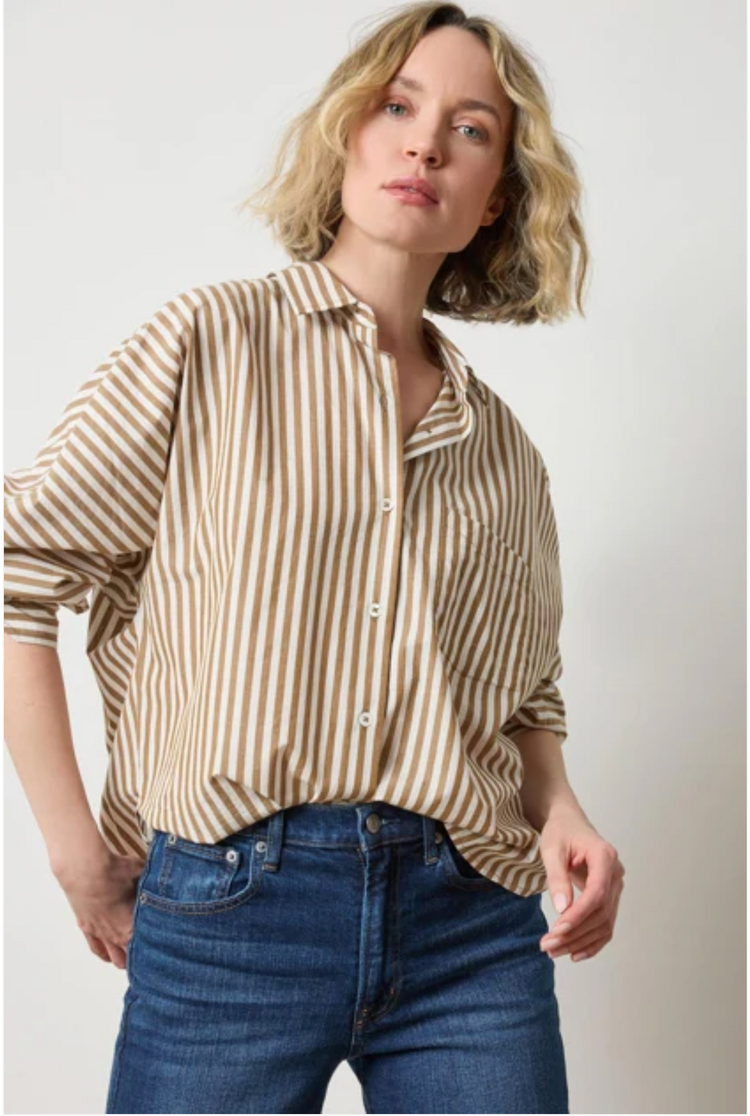 Dolman Button Down in Dijon/Talc Stripe