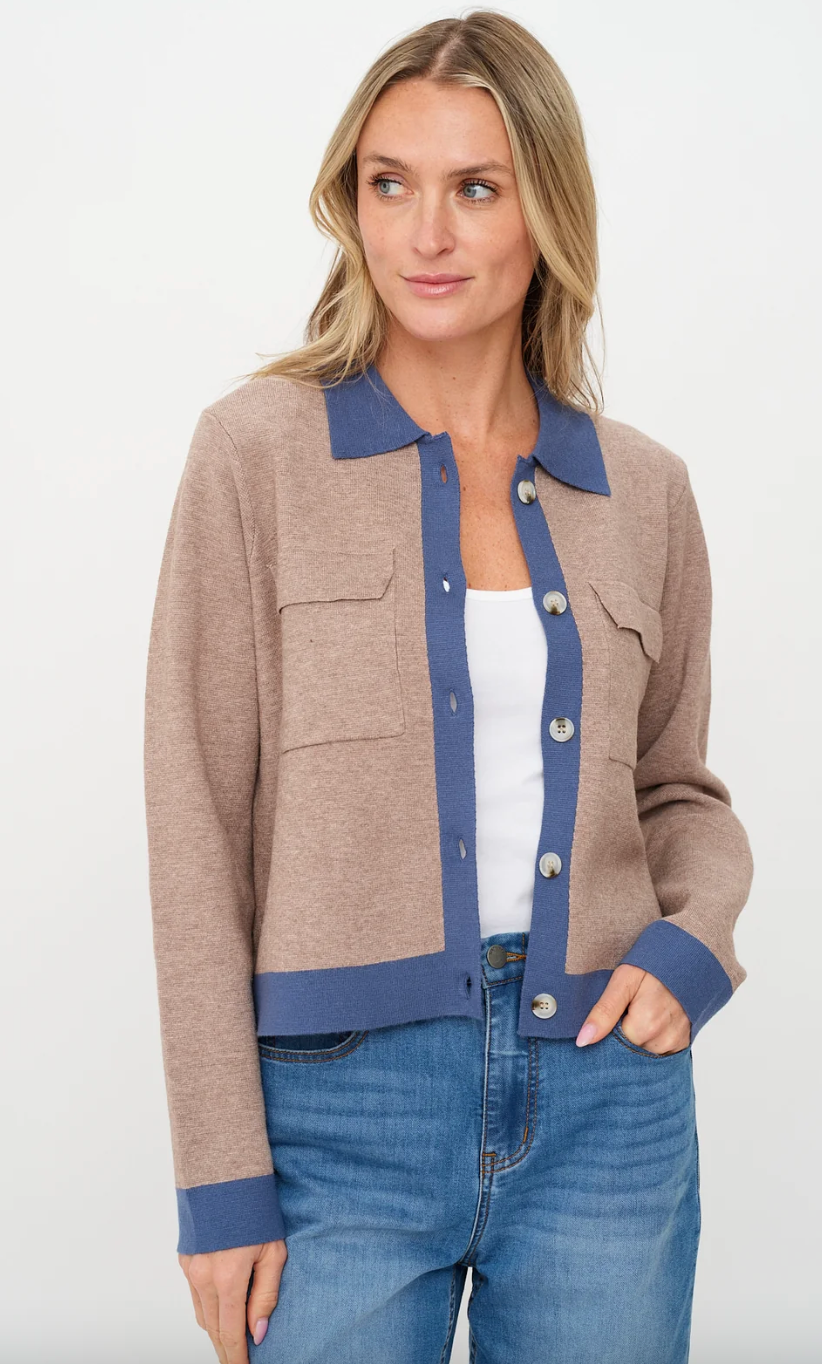 Fallon Cardigan in Latte & Blue