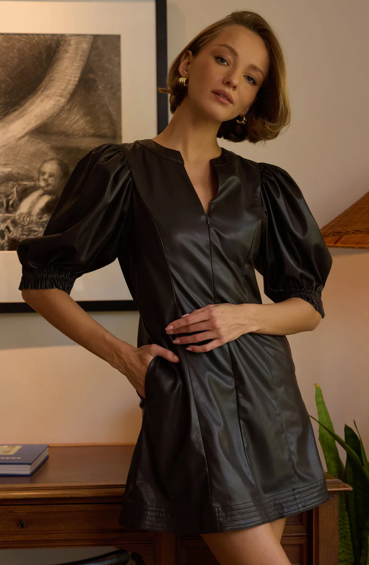 Vegan Leather Puff Sleeve Dress