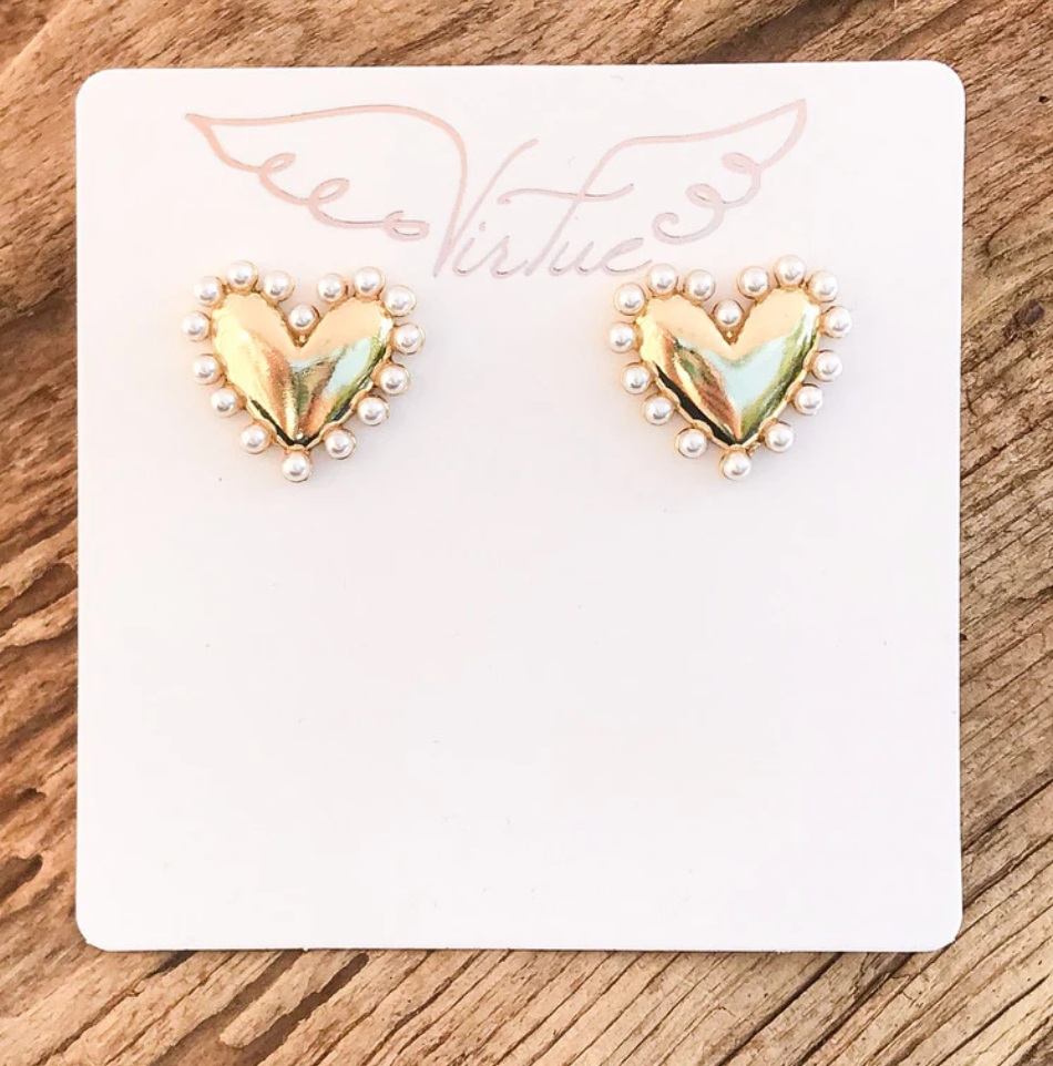 Pearl Studded Medal Heart Studs