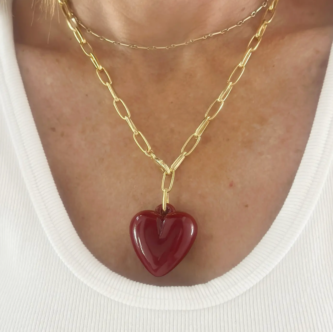 Big Maroon Puffy Heart Necklace