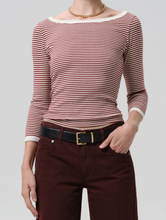 Load image into Gallery viewer, Boat Neck Slim Tee in Burgundy Stripe
