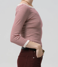 Load image into Gallery viewer, Boat Neck Slim Tee in Burgundy Stripe
