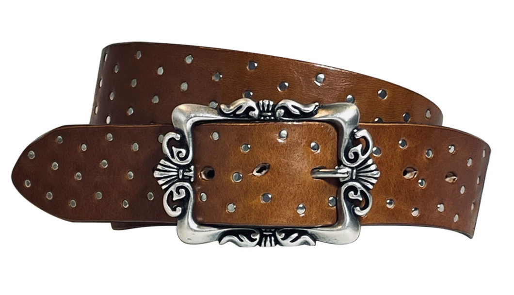 Brio Curved Handmade Leather Tiny Rivet Belt in Tobacco
