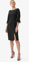 Load image into Gallery viewer, Feather-Trimmed Crepe Midi-Length Sheath Dress in Black
