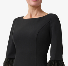 Load image into Gallery viewer, Feather-Trimmed Crepe Midi-Length Sheath Dress in Black

