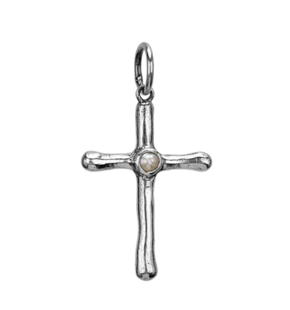 Poetic Cross with Pearl Pendant In Silver